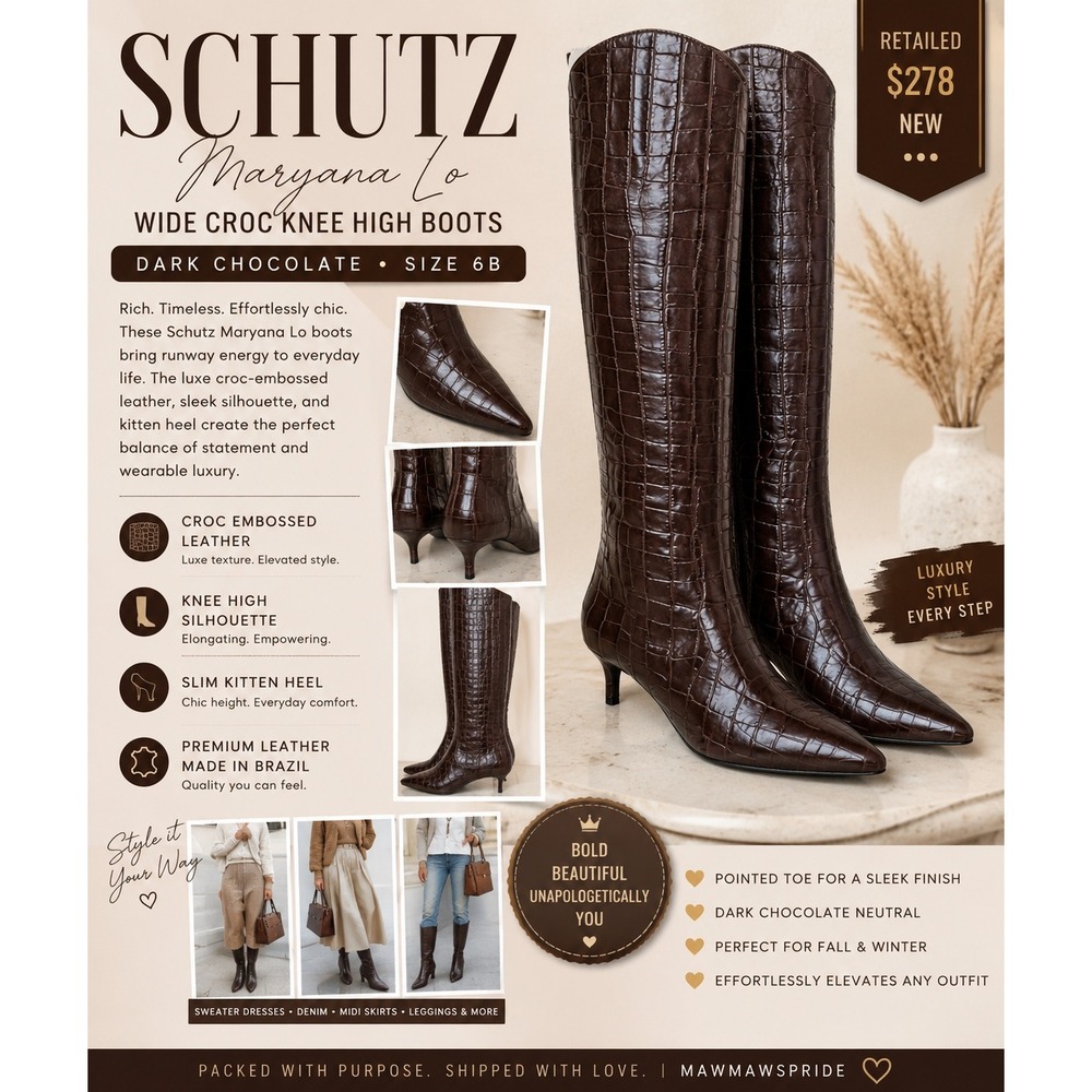 Schutz Maryana Lo Dark Chocolate Croc Embossed Leather Kitten Heel Boots 6B NWT